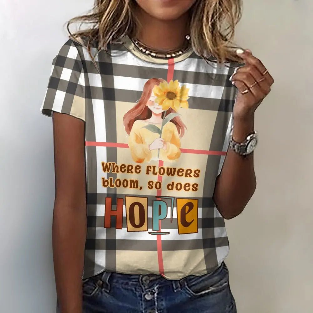 Women's Cotton Tartan Hope T-Shirt - Sunflower Girl Design - Piryoung Shop