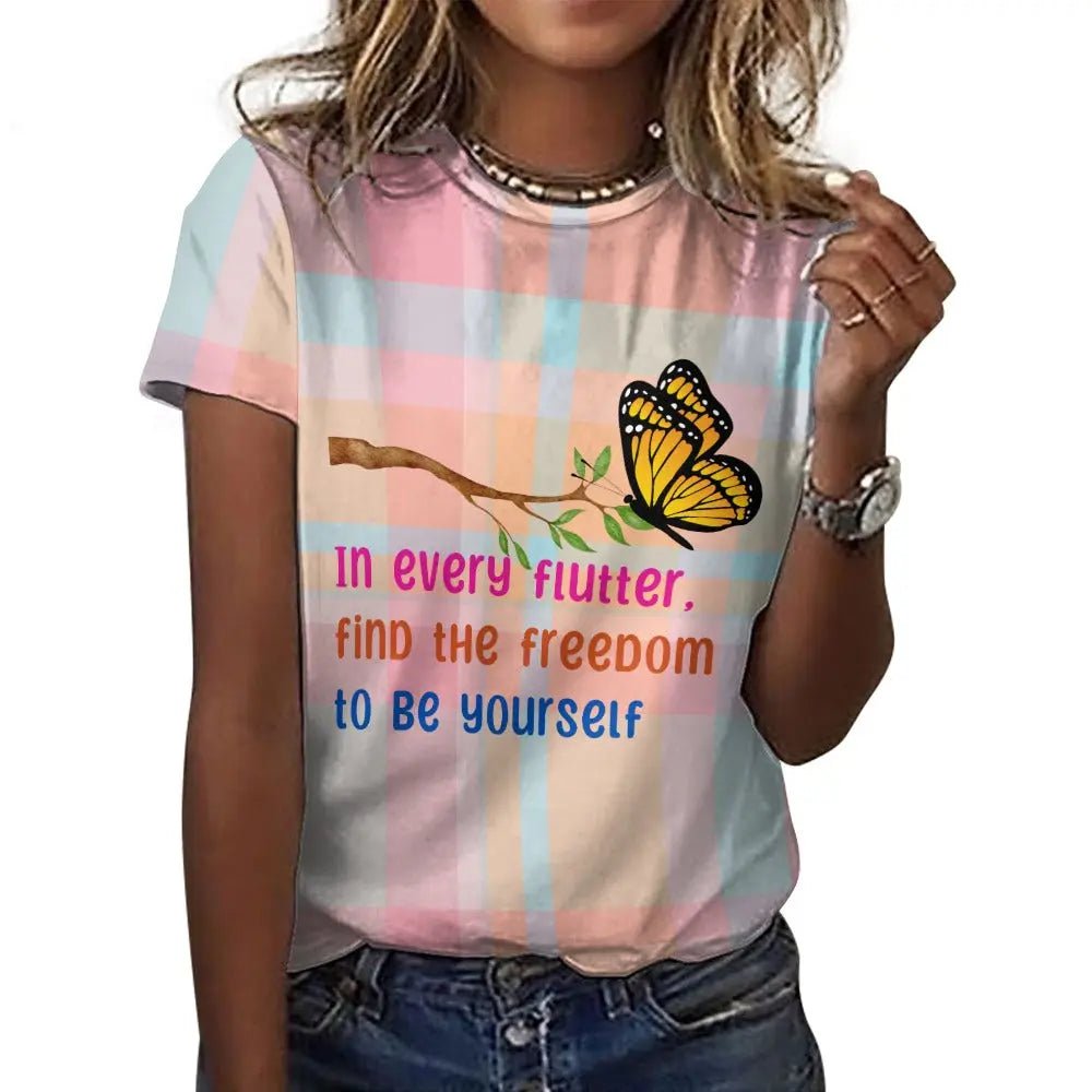 Women's Cotton Tartan Pink T-Shirt - Butterfly Design - Piryoung Shop